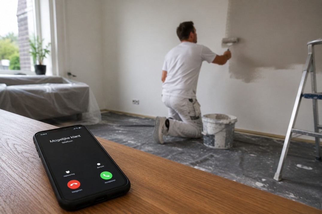 Teléfono sobre la mesa con la llamada de un posible cliente mientras el pintor pasa el rodillo de rodillas
