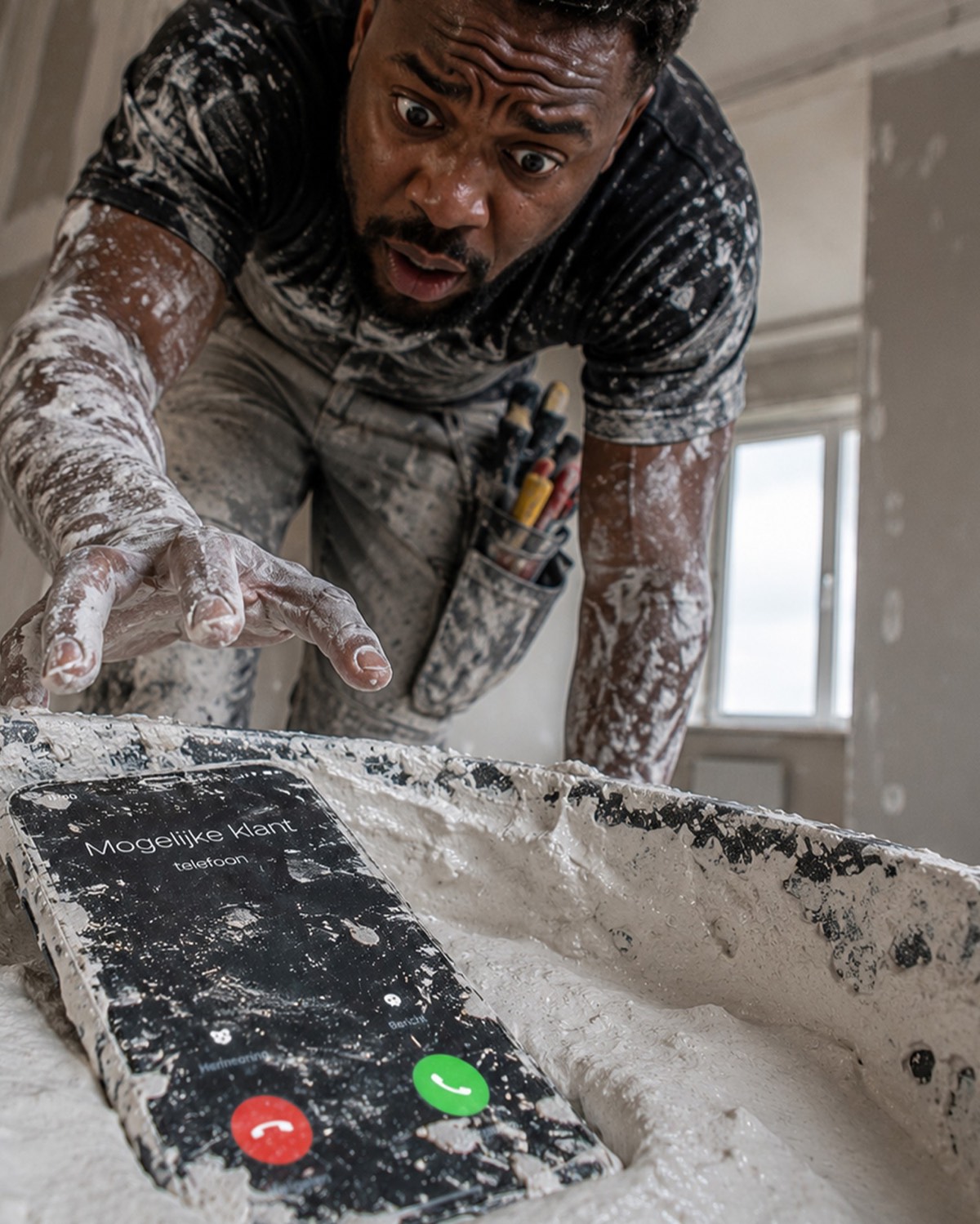 Plasterer with hands covered in mortar reaching for his phone in the plaster tray, where a call from a potential customer is coming in