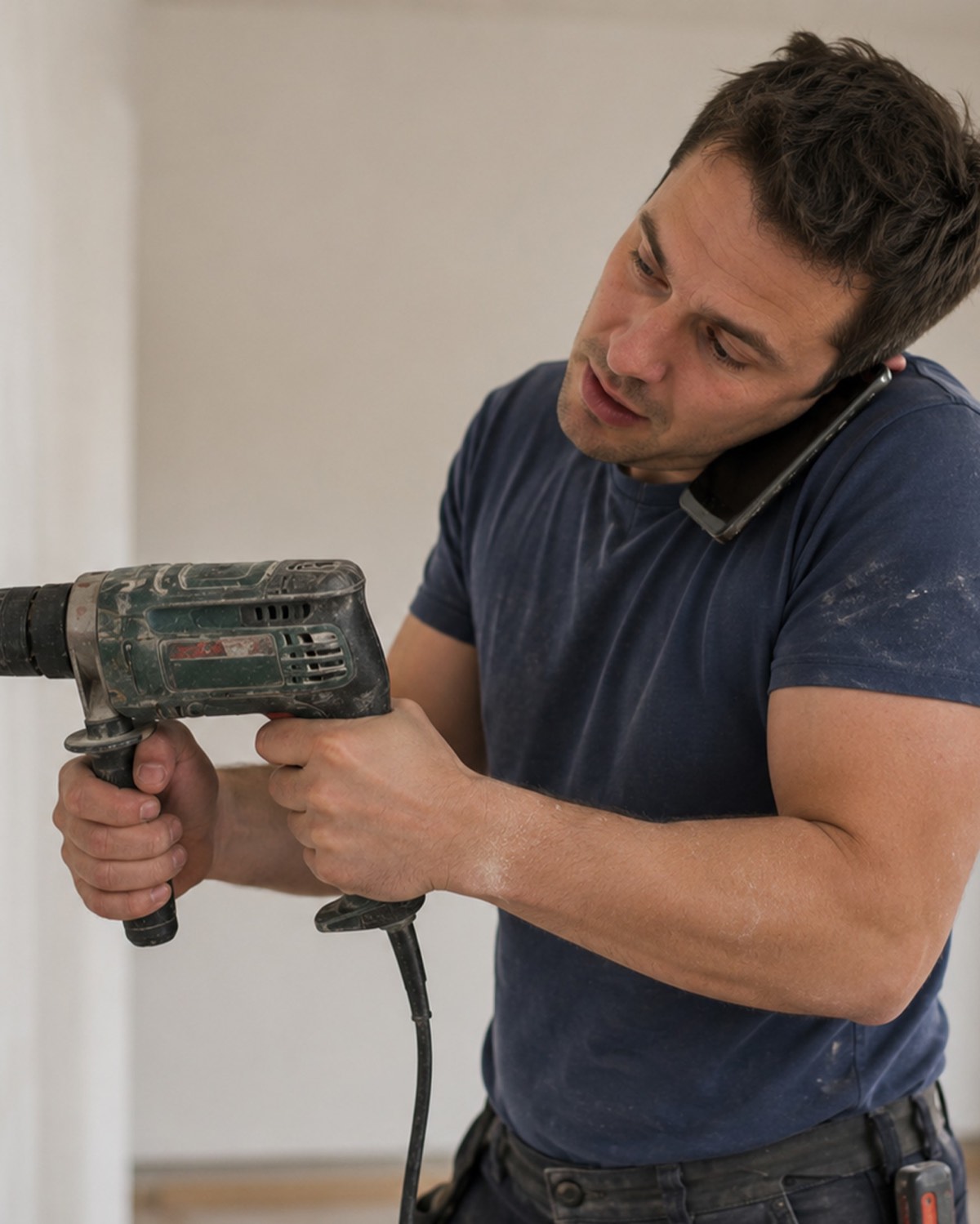 Carpenter drilling with both hands while holding his phone wedged between shoulder and ear